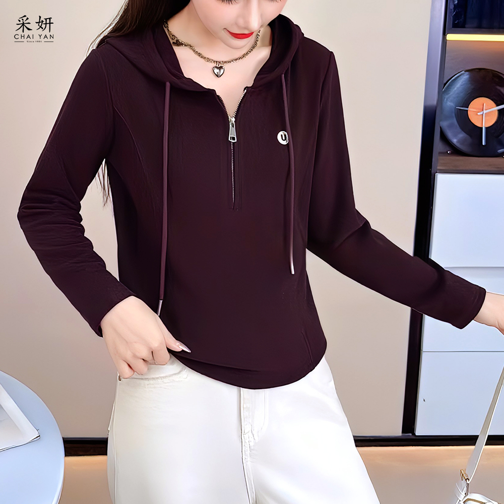 刷絨字母刺繡抽繩拉鍊連帽長袖上衣