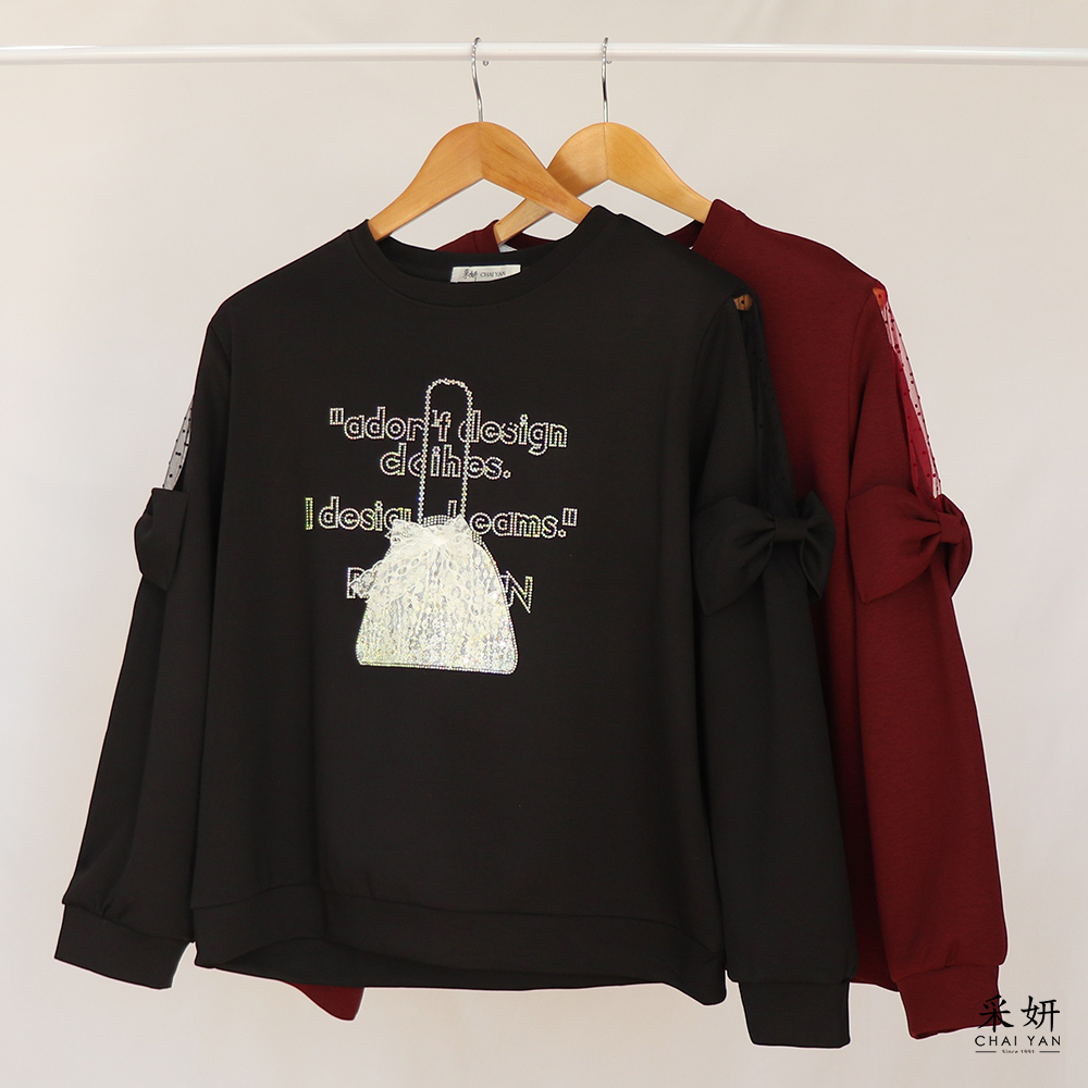 燙鑽蕾絲小包字母薄紗露臂圓領長袖上衣