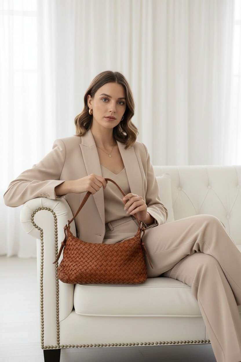 Guilia 編織付背帶小肩背包 棕色