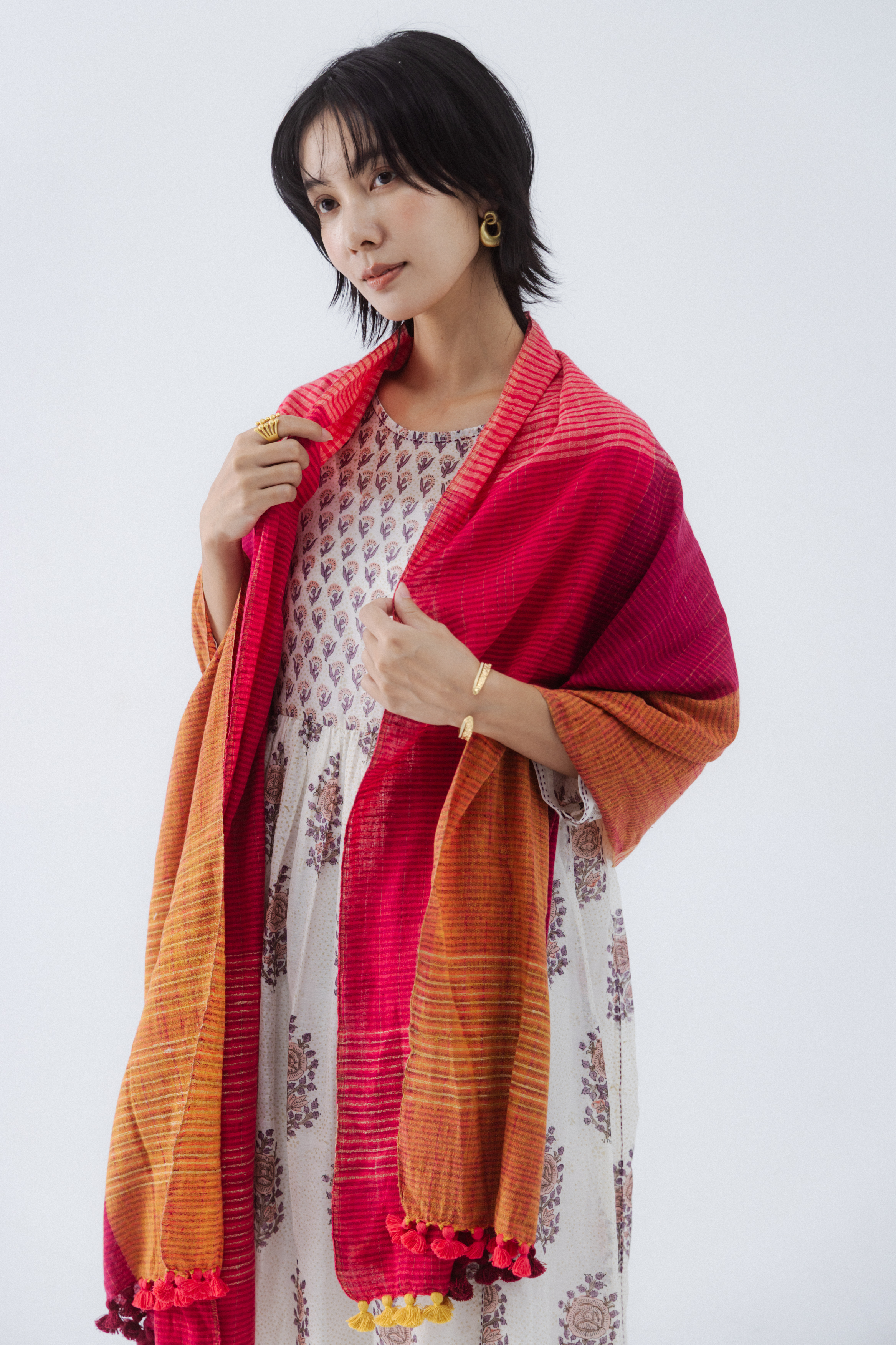 手工織布圍巾披肩_桃黃混織