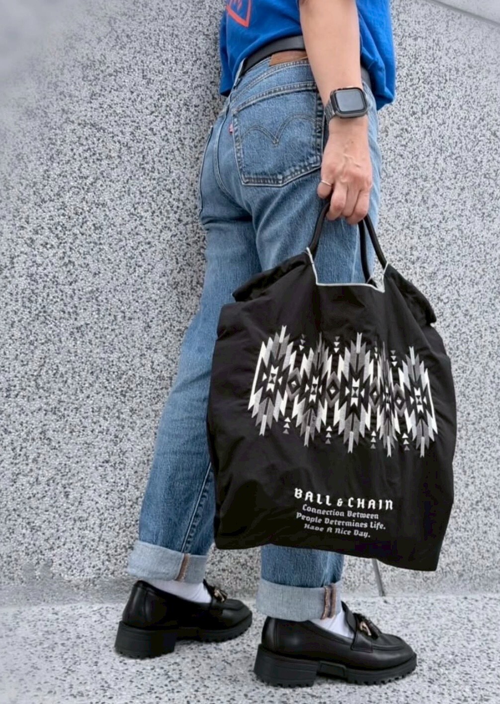 Ball＆Chain 刺繡環保購物袋 M號 - 黑 (30100701)