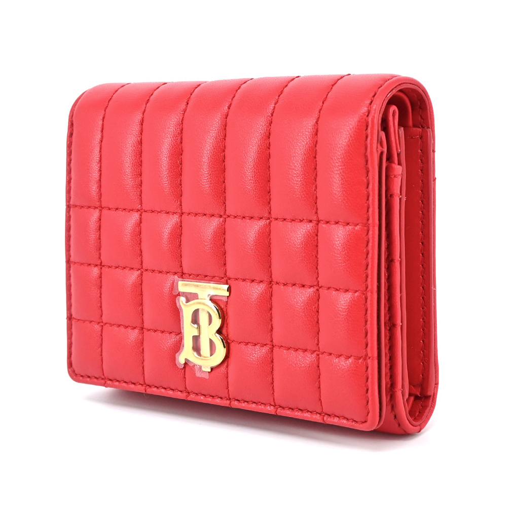 【JS’Maxx】BURBERRY  Lola TB銀字LOGO格紋絎縫羔羊三折短夾(紅色)