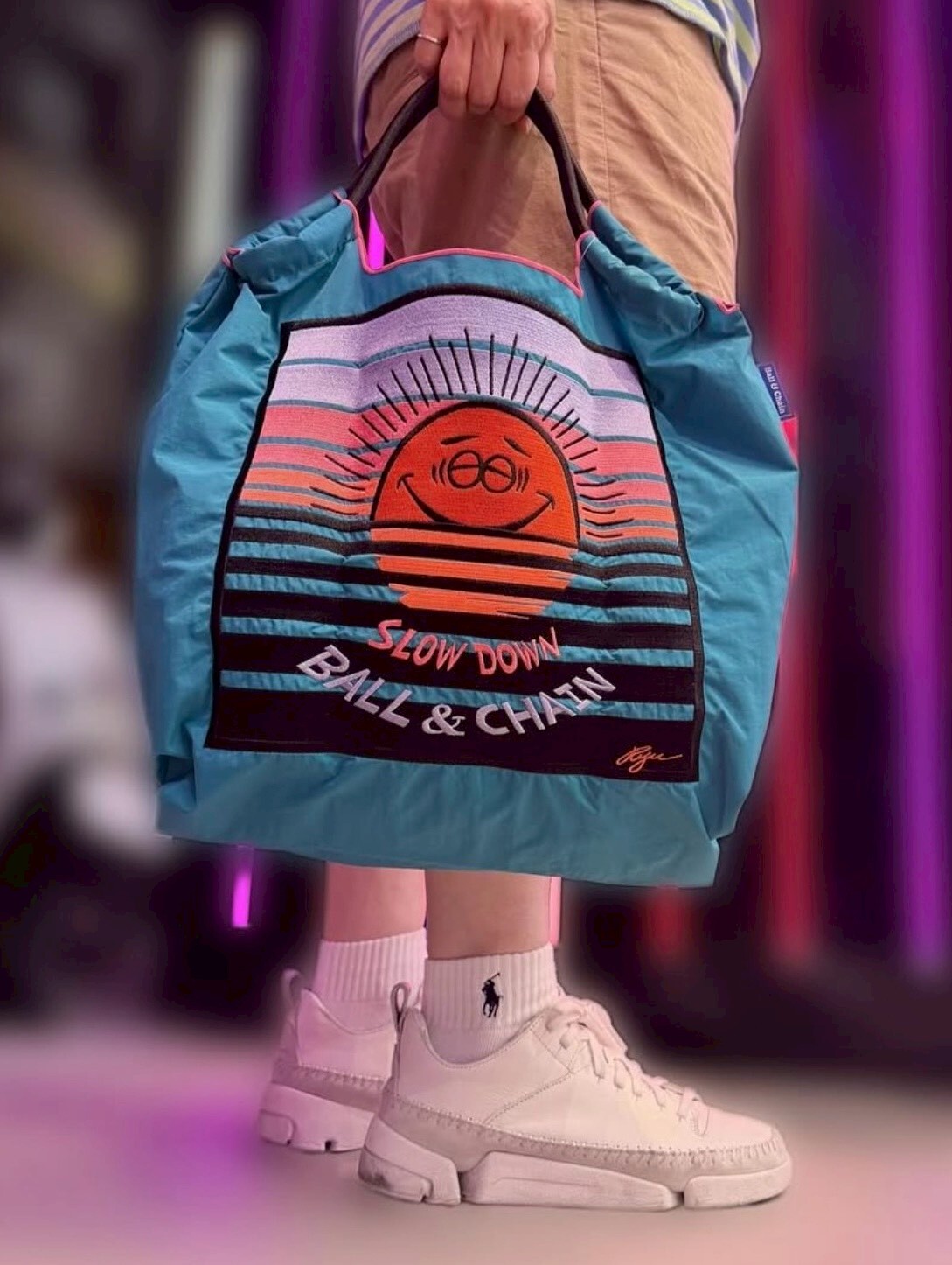 Ball＆Chain 刺繡環保購物袋 M號 - 藍 (31400578)