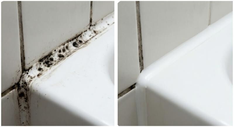 浴室洗手台矽利康發霉使用除霉凝膠前後對比照，左圖為佈滿頑固黑斑的發霉膠條，右圖為靜置沖洗後恢復潔白如新的狀態