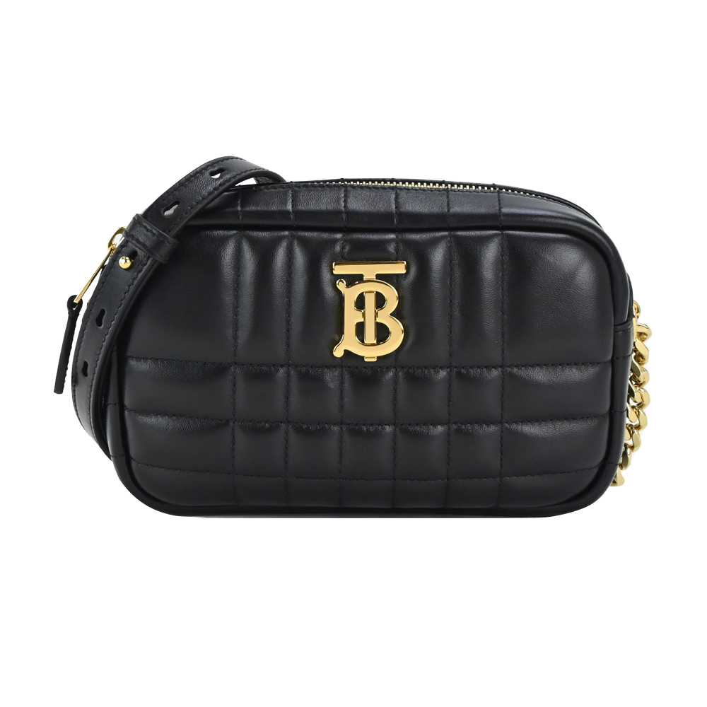 【JS’Maxx】BURBERRY  Lola TB LOGO格紋絎縫羔羊皮迷你相機包(黑金)