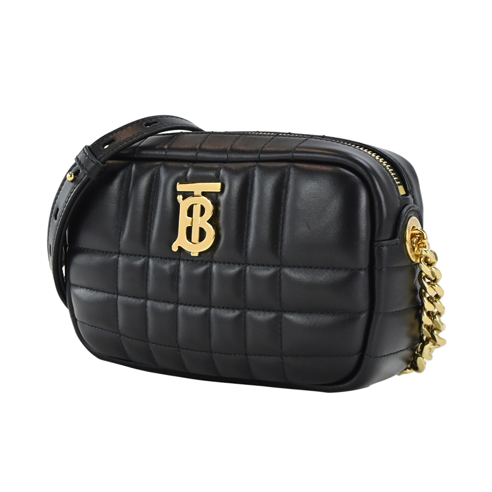 【JS’Maxx】BURBERRY  Lola TB LOGO格紋絎縫羔羊皮迷你相機包(黑金)