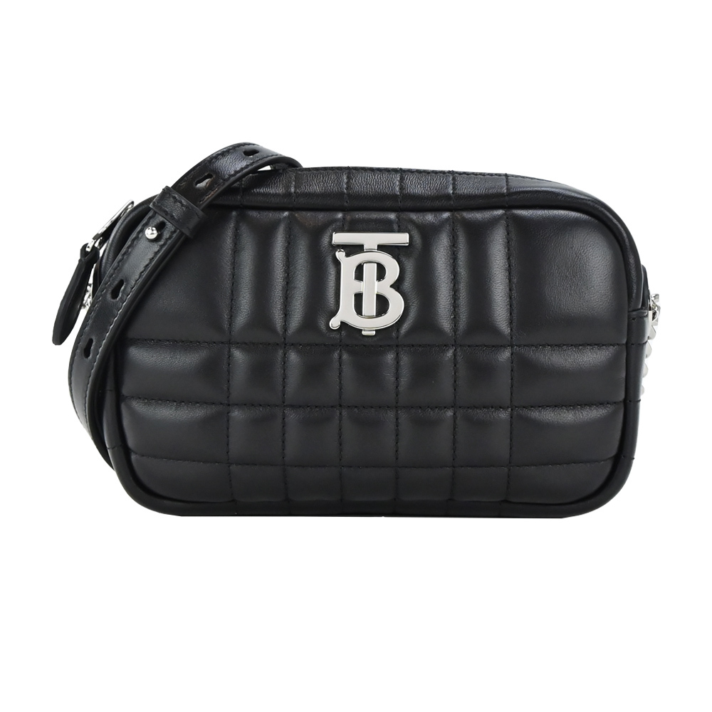 【JS’Maxx】BURBERRY  Lola TB LOGO格紋絎縫羔羊皮迷你相機包(黑銀)