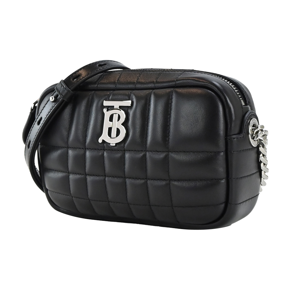 【JS’Maxx】BURBERRY  Lola TB LOGO格紋絎縫羔羊皮迷你相機包(黑銀)