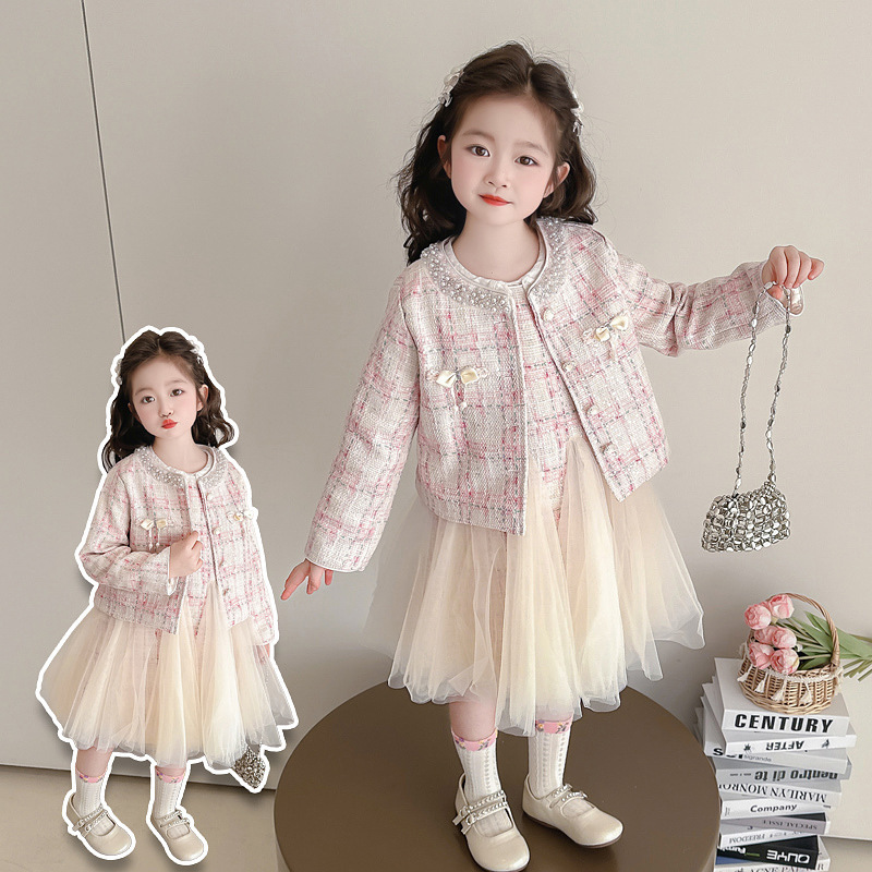 小香風無袖拼接紗洋裝+粉格外套 110-150cm