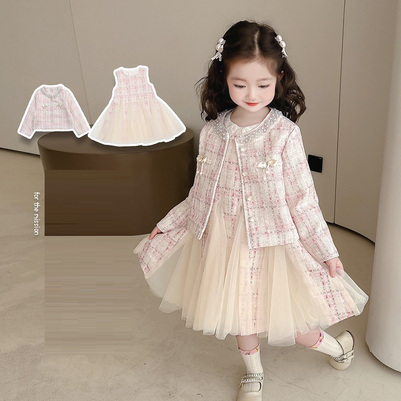 小香風無袖拼接紗洋裝+粉格外套 110-150cm