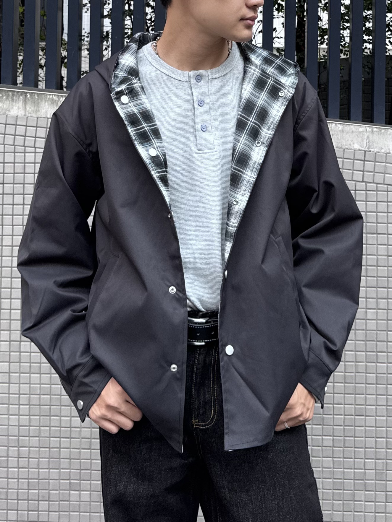 （現貨）LJ007 美式 拼接 格紋 雙面穿 連帽外套