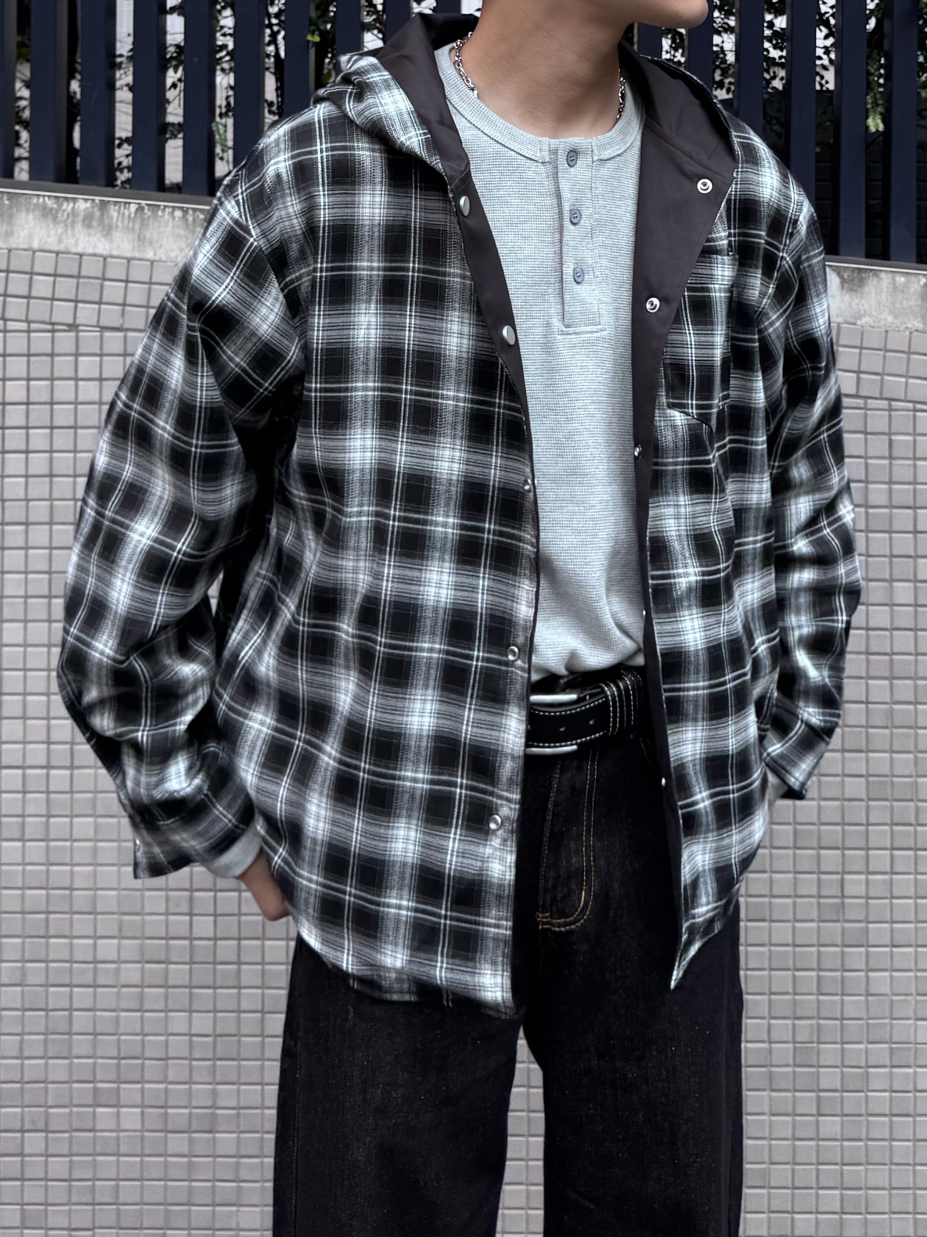 （現貨）LJ007 美式 拼接 格紋 雙面穿 連帽外套