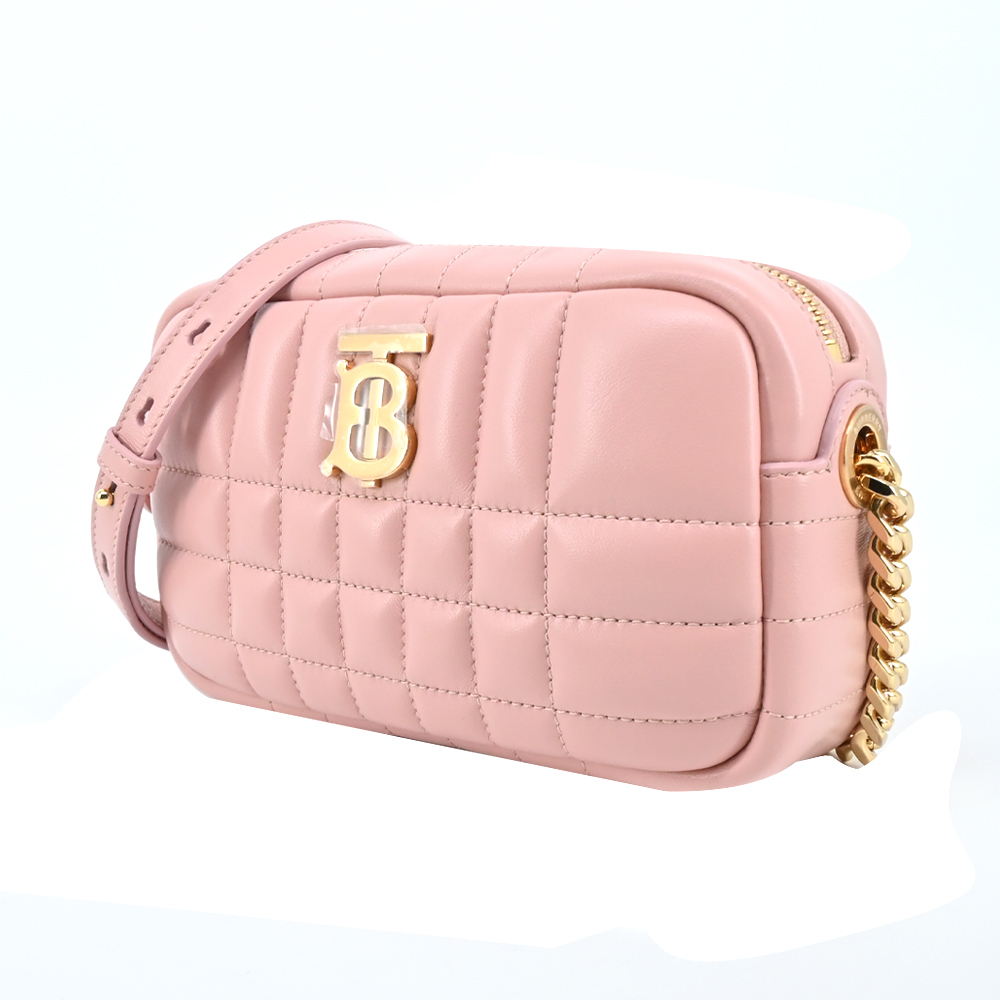 【JS’Maxx】BURBERRY  Lola TB LOGO格紋絎縫羔羊皮迷你相機包(粉色)
