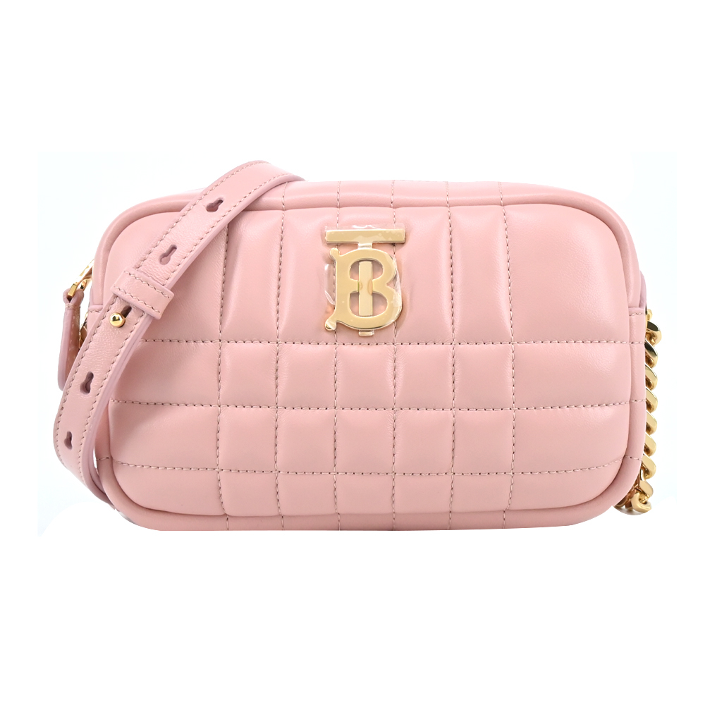 【JS’Maxx】BURBERRY  Lola TB LOGO格紋絎縫羔羊皮迷你相機包(粉色)