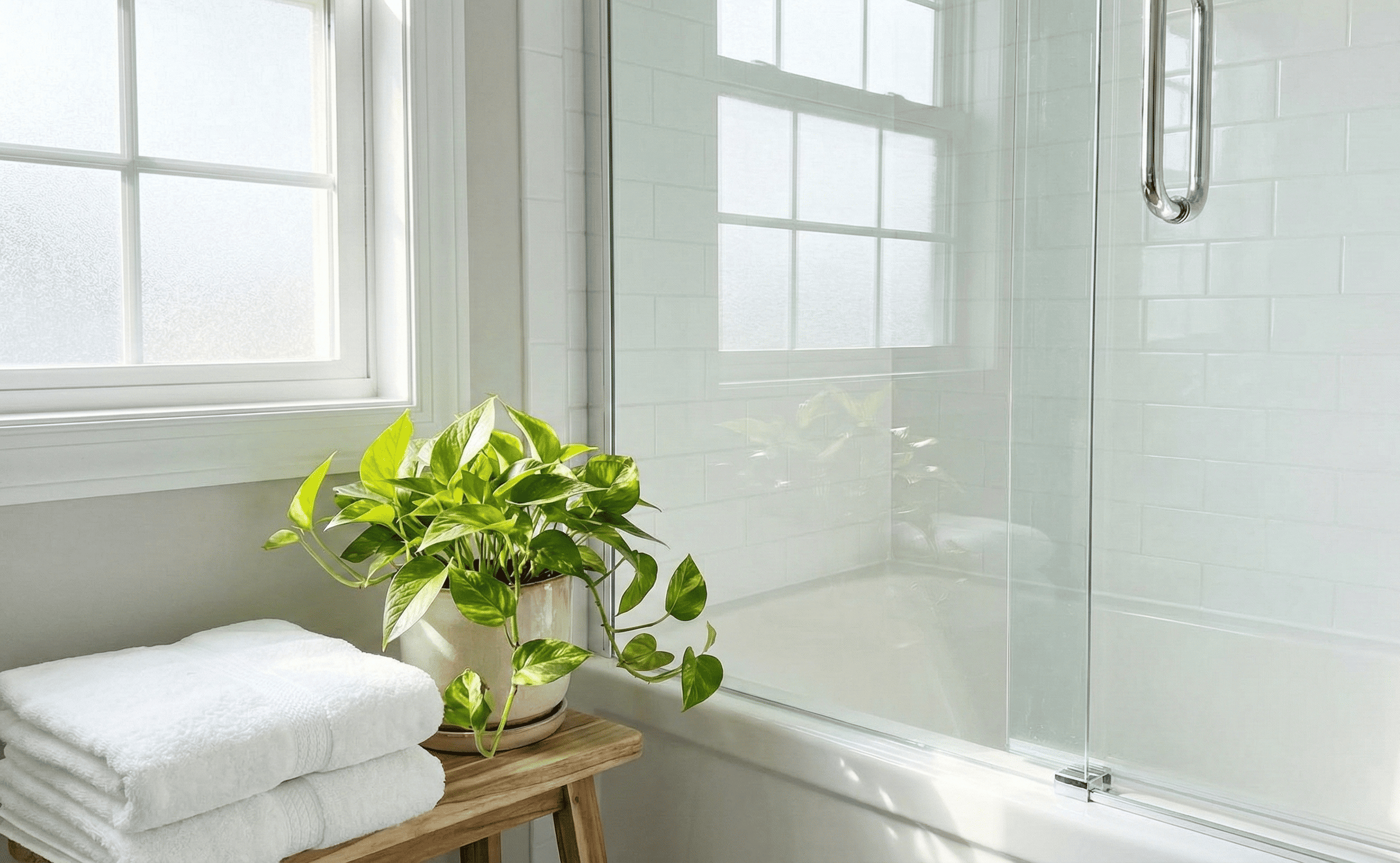 陽光灑落在潔淨明亮的浴室一角，白色的磁磚與矽利康膠條一塵不染，搭配綠色植栽與整潔毛巾，呈現出清新、無霉菌的安心居家氛圍。