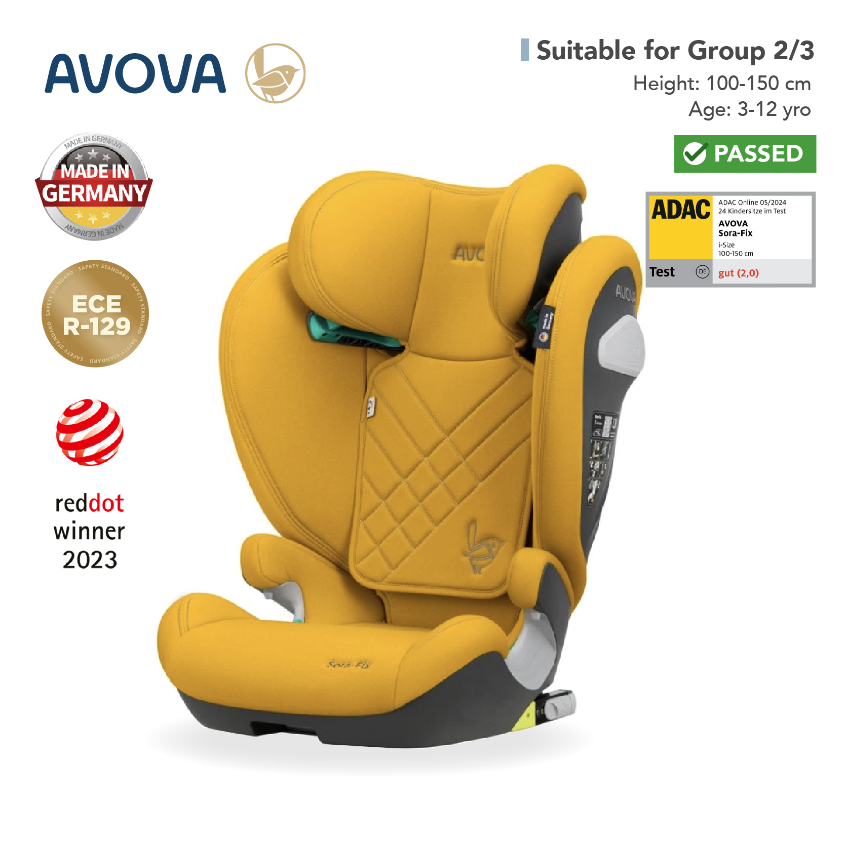 Avova - Sora-fix 汽車安全座椅 (R129 & CCC 安全標準)(適合約3-12歲/身高100-150cm) (沙灘黃)