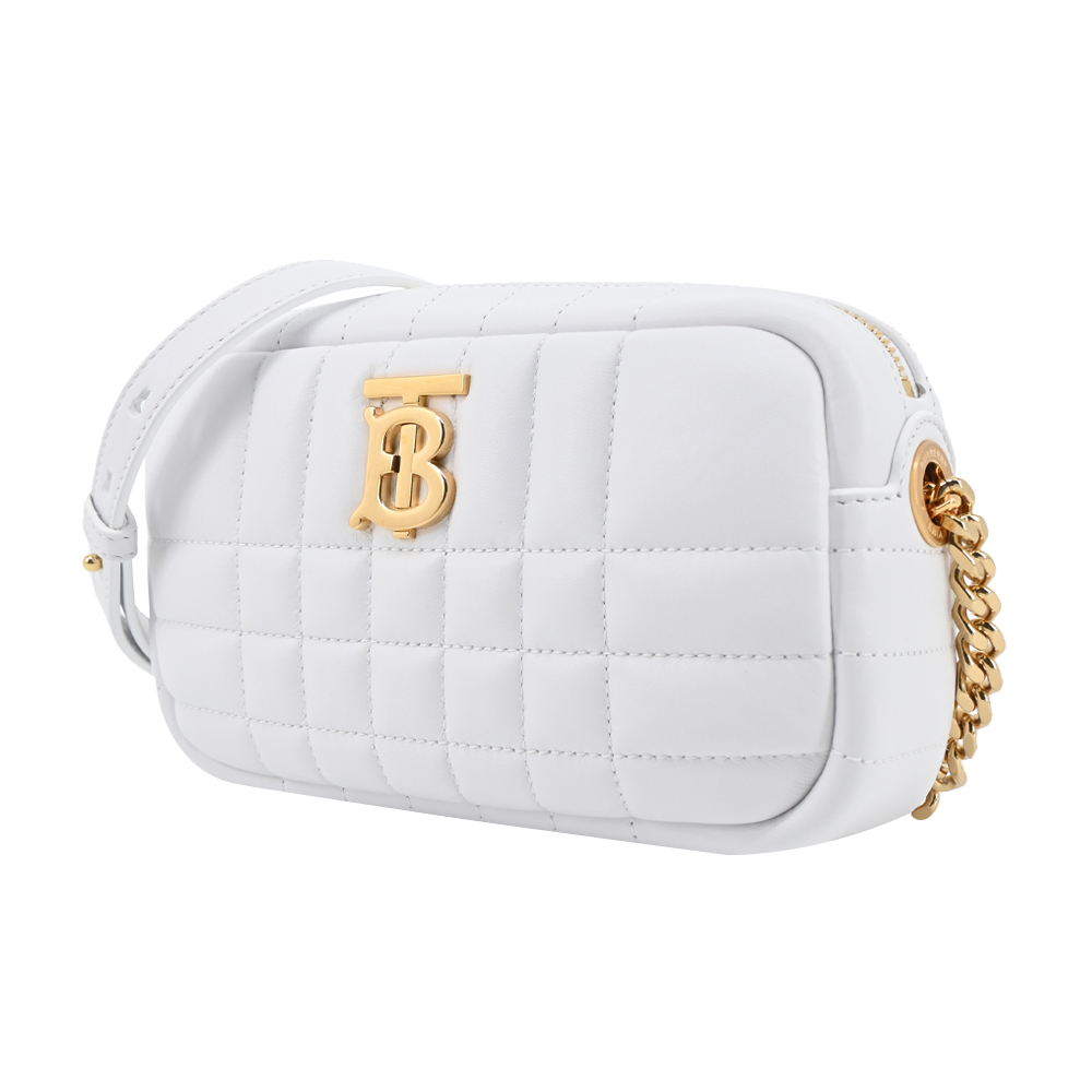 【JS’Maxx】BURBERRY  Lola TB LOGO格紋絎縫羔羊皮迷你相機包(光白色)