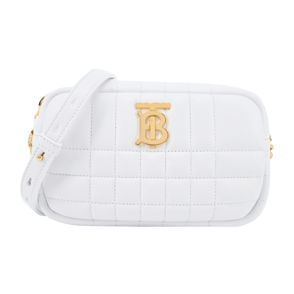 【JS’Maxx】BURBERRY  Lola TB LOGO格紋絎縫羔羊皮迷你相機包(光白色)