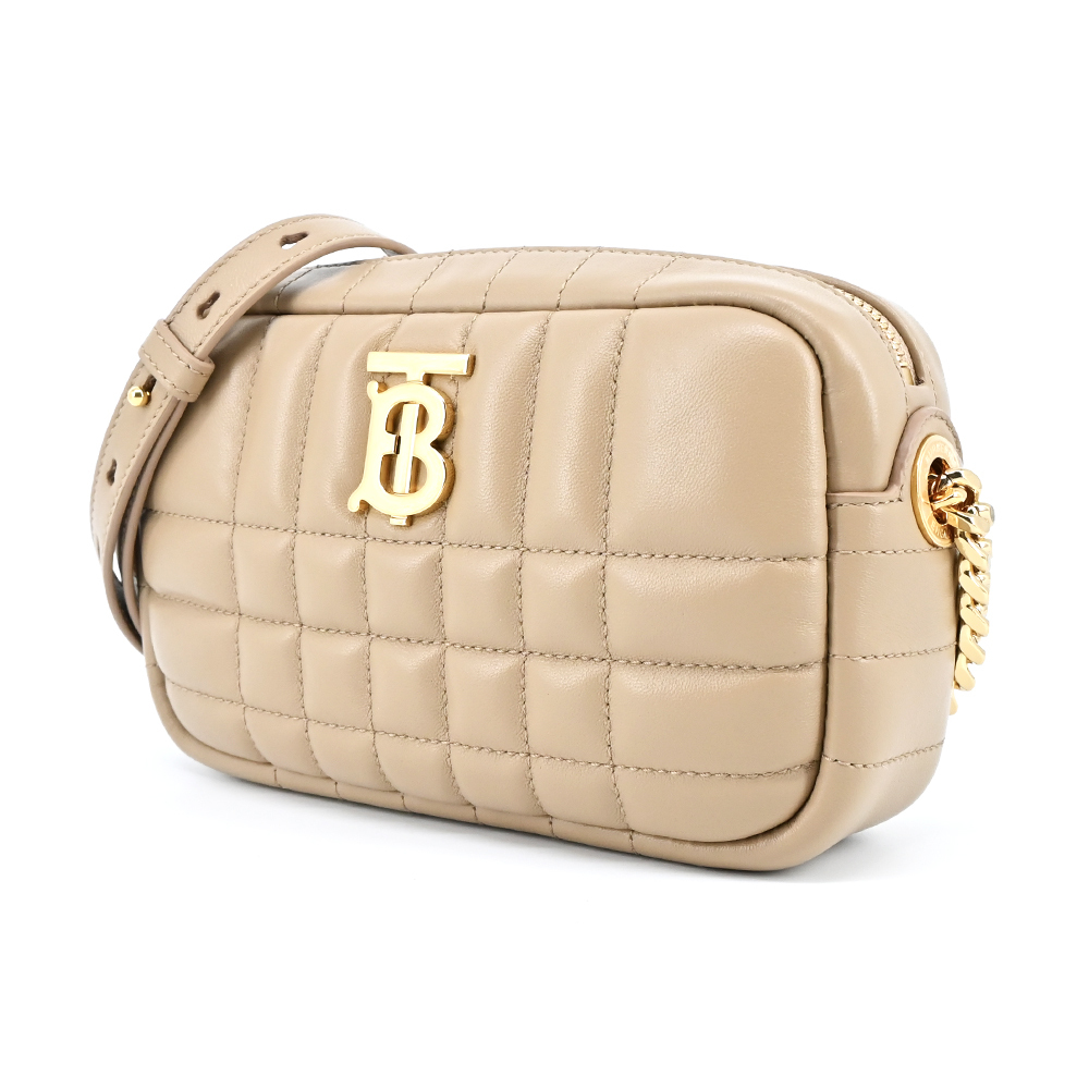 【JS’Maxx】BURBERRY  Lola TB LOGO格紋絎縫羔羊皮迷你相機包(燕麥米色)