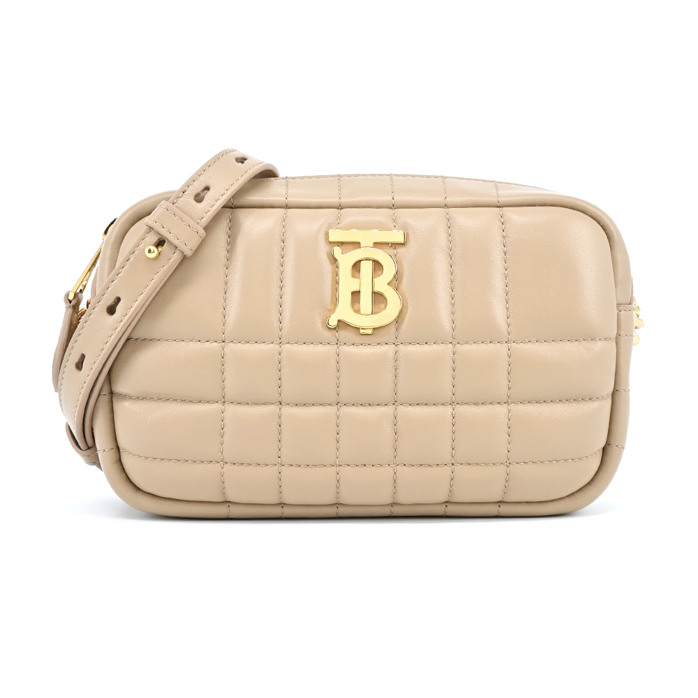 【JS’Maxx】BURBERRY  Lola TB LOGO格紋絎縫羔羊皮迷你相機包(燕麥米色)
