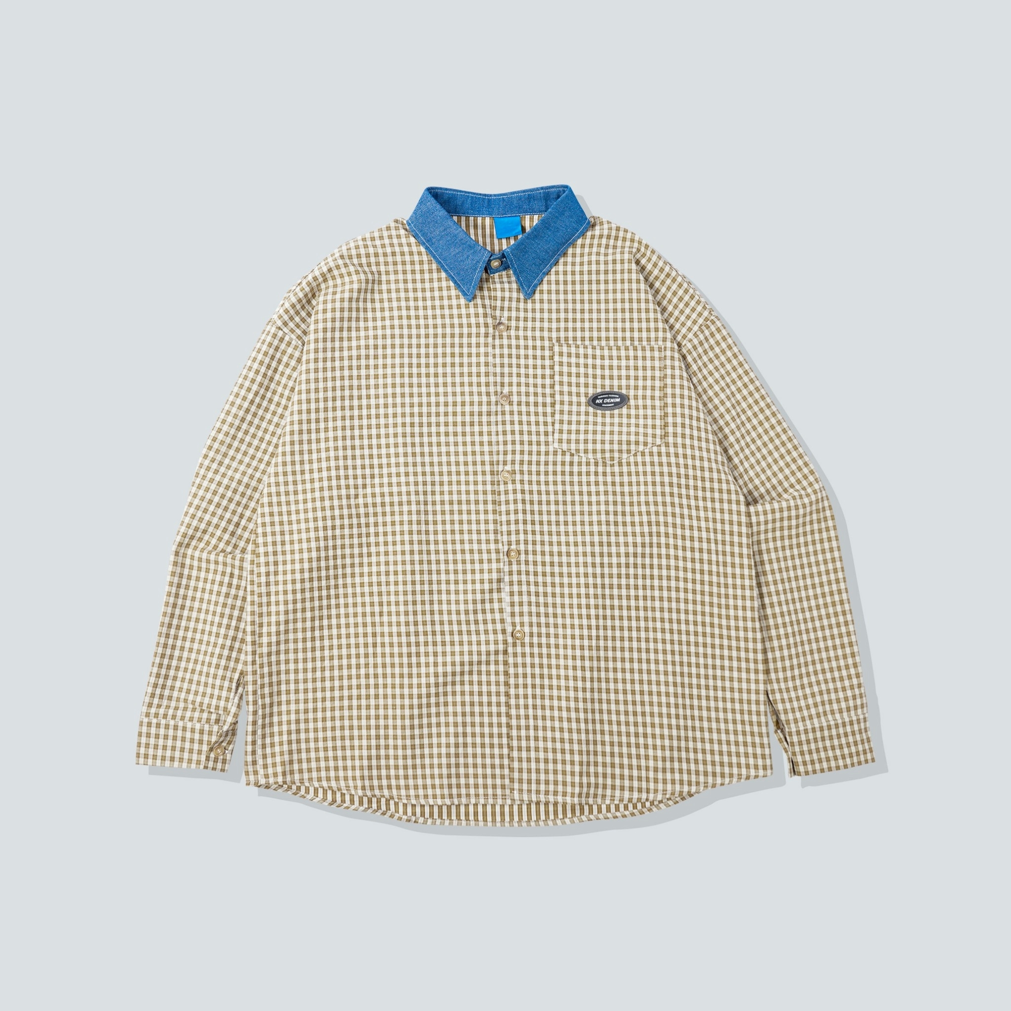 SBG 撞色牛仔領格紋長袖襯衫 V0007