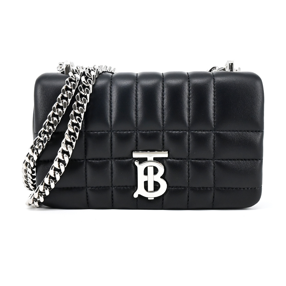 【JS’Maxx】BURBERRY Lola TB LOGO絎縫羊皮迷你鏈帶肩背/斜背包(黑銀)