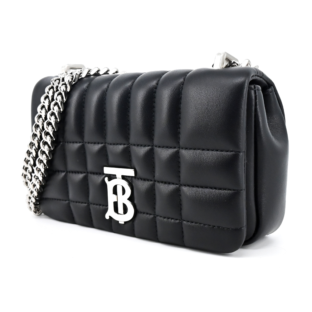【JS’Maxx】BURBERRY Lola TB LOGO絎縫羊皮迷你鏈帶肩背/斜背包(黑銀)