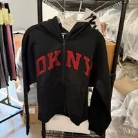 [S] DKNY BLACK/CITY CRIMSON EXPLODED RHINESTONE VARISTY LOGO FULL ZIP HOODIE WITH POCKETS, DP5J9670-ODD (SD1604)