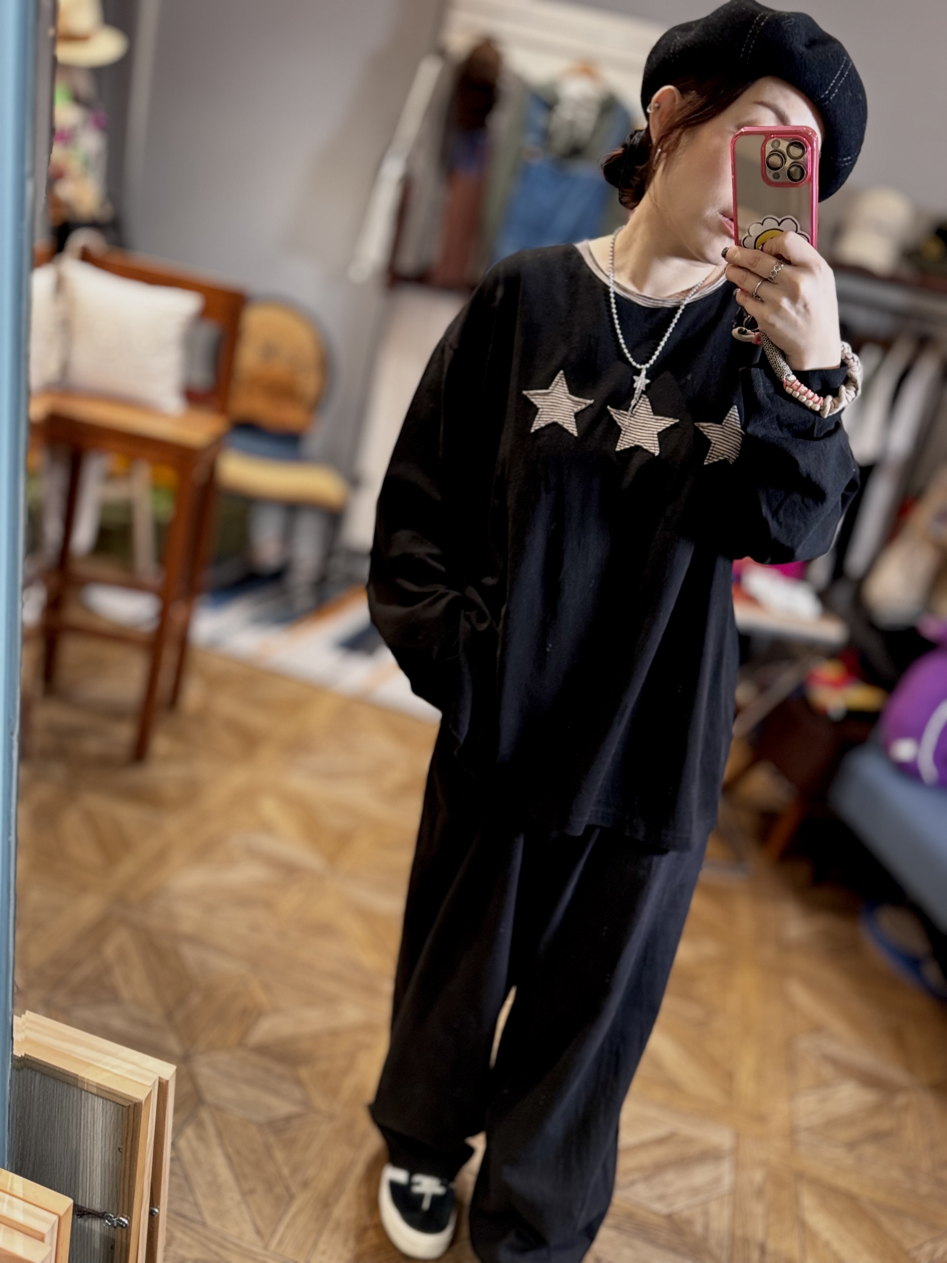 拼布星星長袖棉上衣