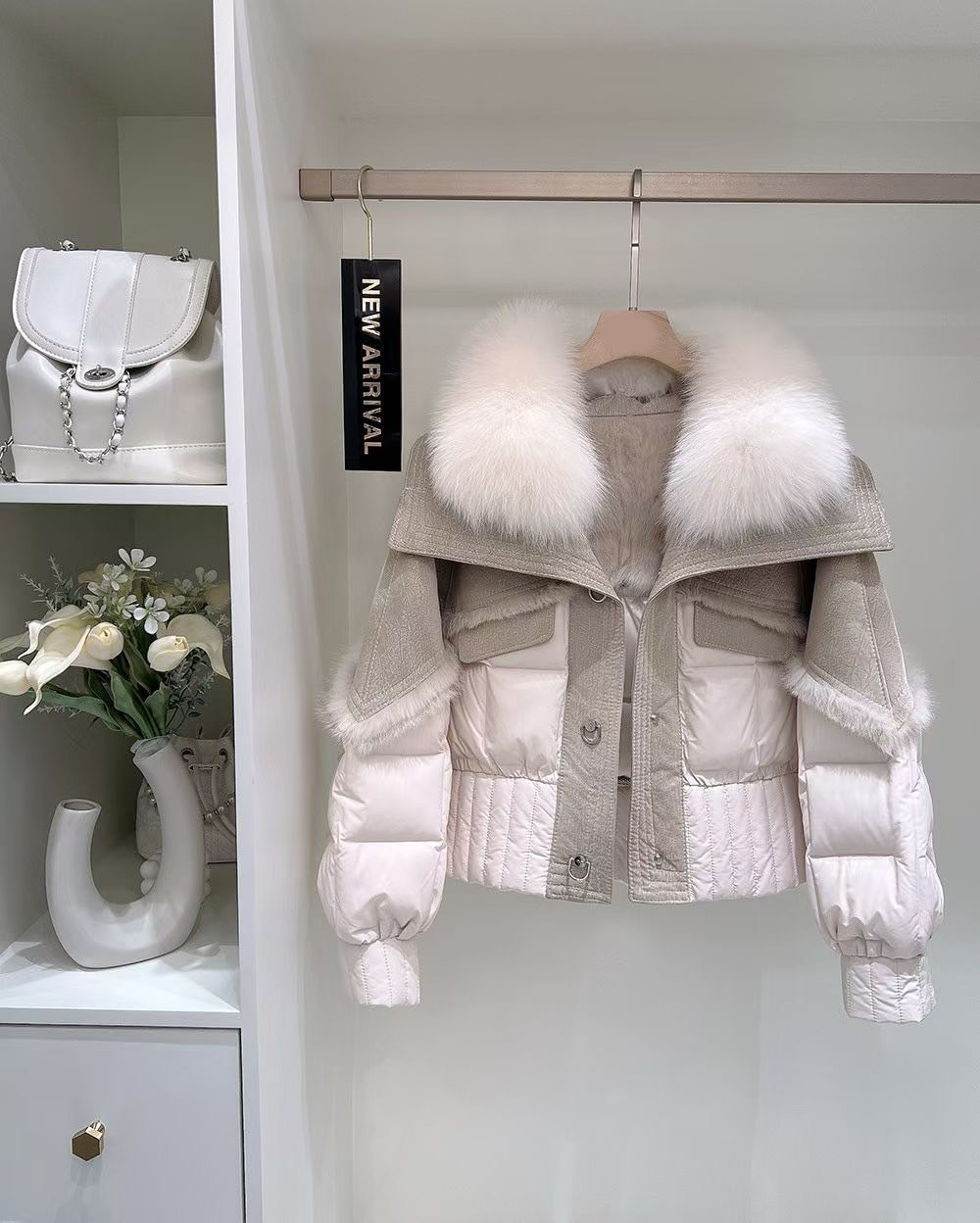 奶油杏配色澎澎毛領翻領鋪棉排釦外套