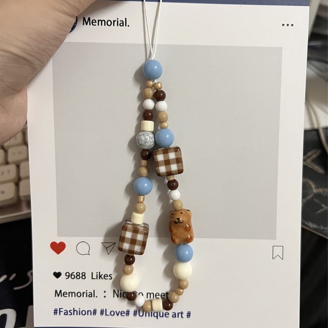 《6402》棕色方格陶瓷小熊手機鍊