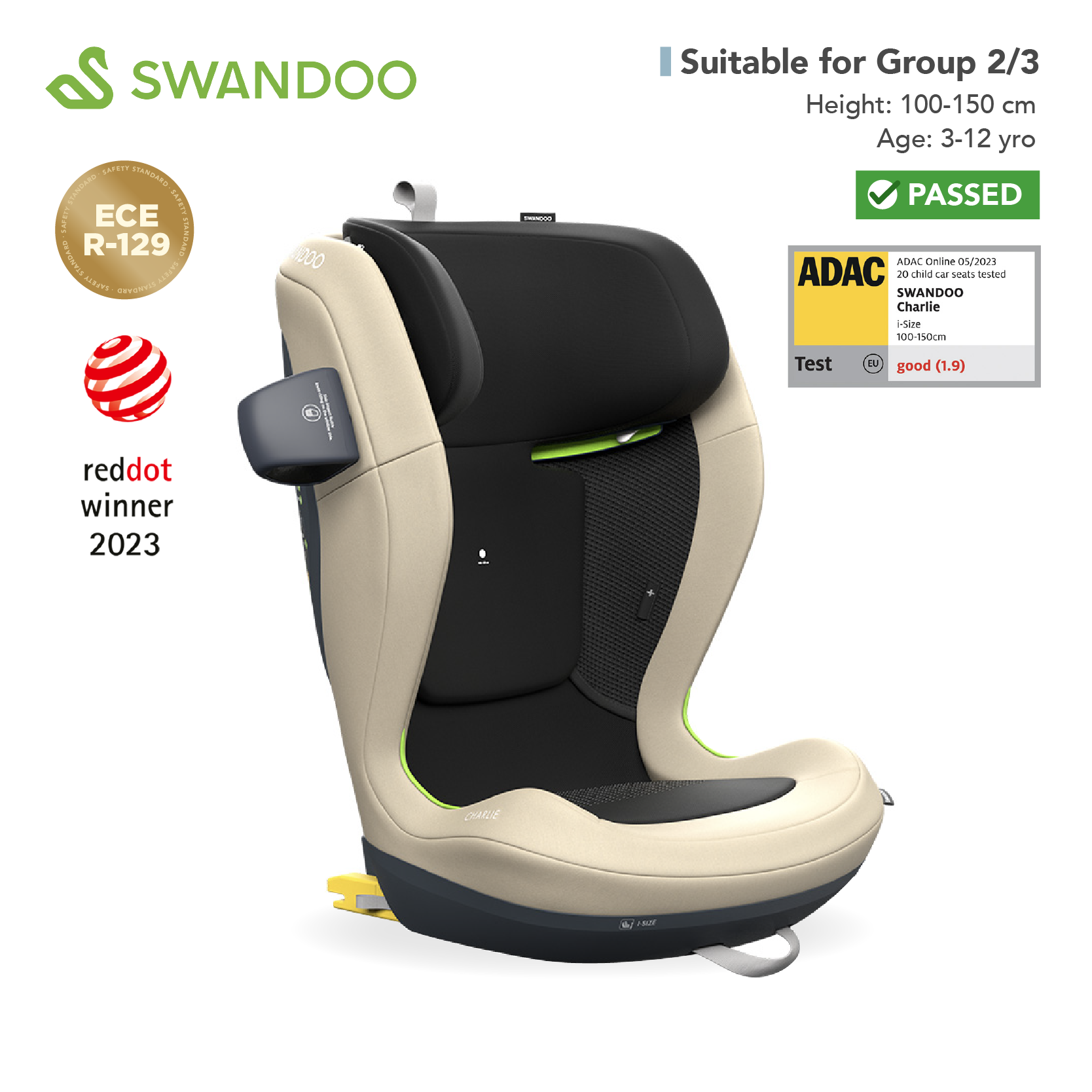 Swandoo - Charlie i-Size 增高型3-12歲兒童安全座椅 2024(淺茶灰)