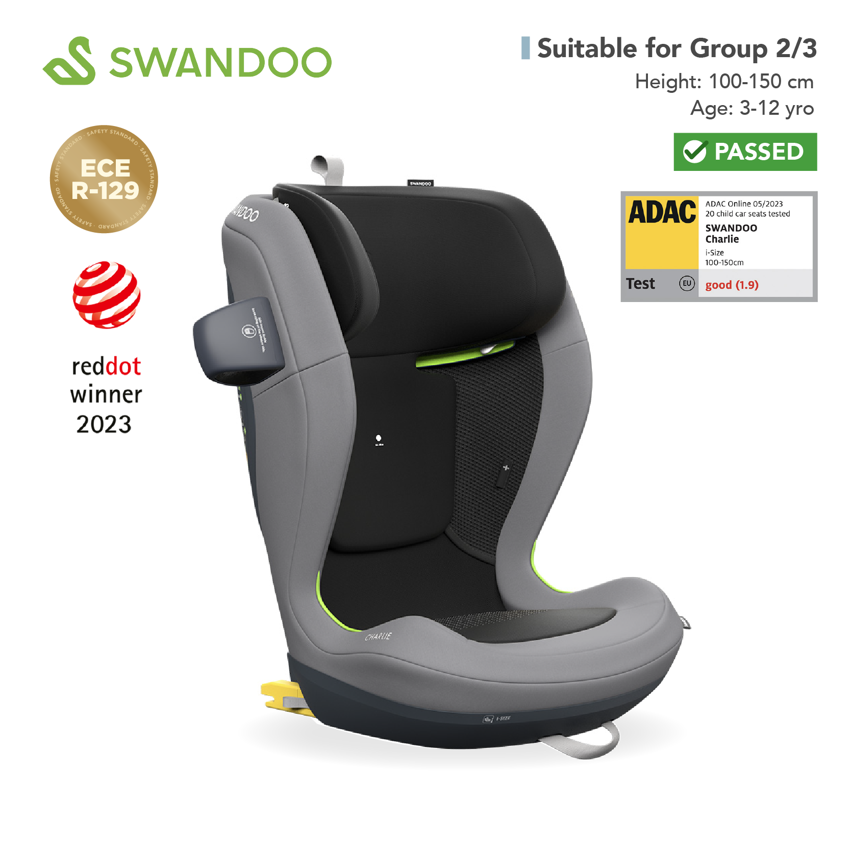 Swandoo - Charlie i-Size 增高型兒童安全座椅 (R129 & CCC 安全標準)(適合約3-12歲/身高100-150cm) (芝麻灰)