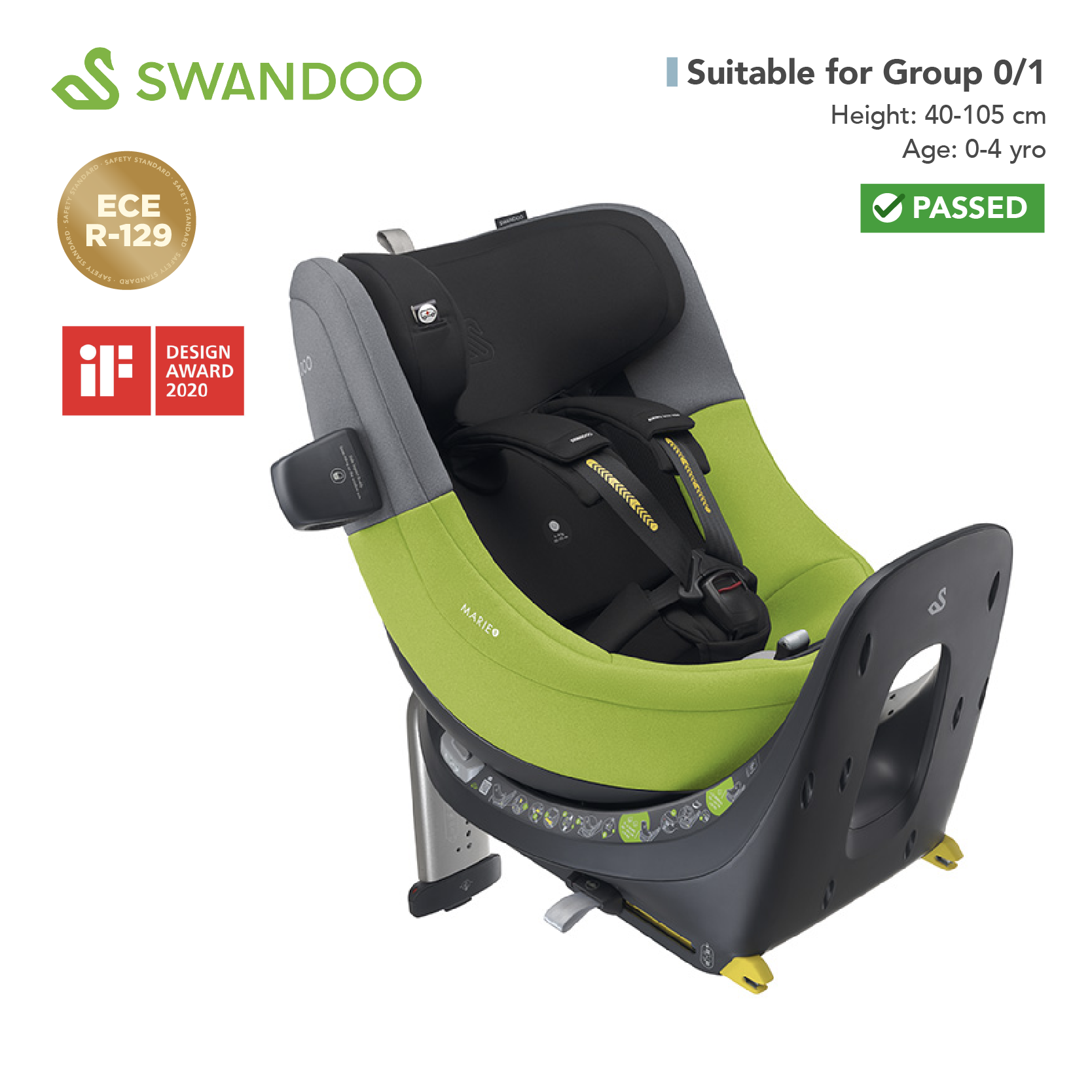 Swandoo - Marie5 i-Size 360°旋轉安全座椅(R129 & CCC 安全標準)(適合約0-4歲/身高40-105cm)(青檸芝麻灰)