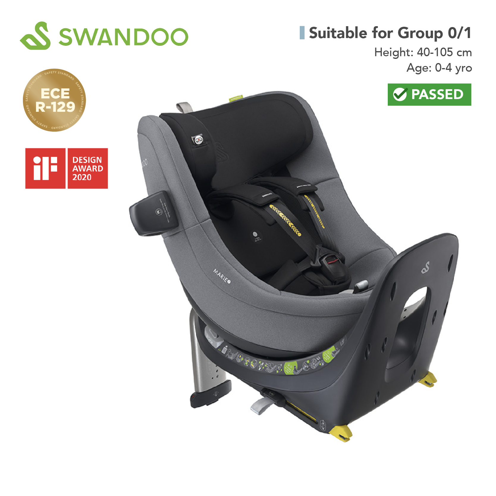 Swandoo - Marie5 i-Size 360°旋轉安全座椅(R129 & CCC 安全標準)(適合約0-4歲/身高40-105cm)(芝麻灰)