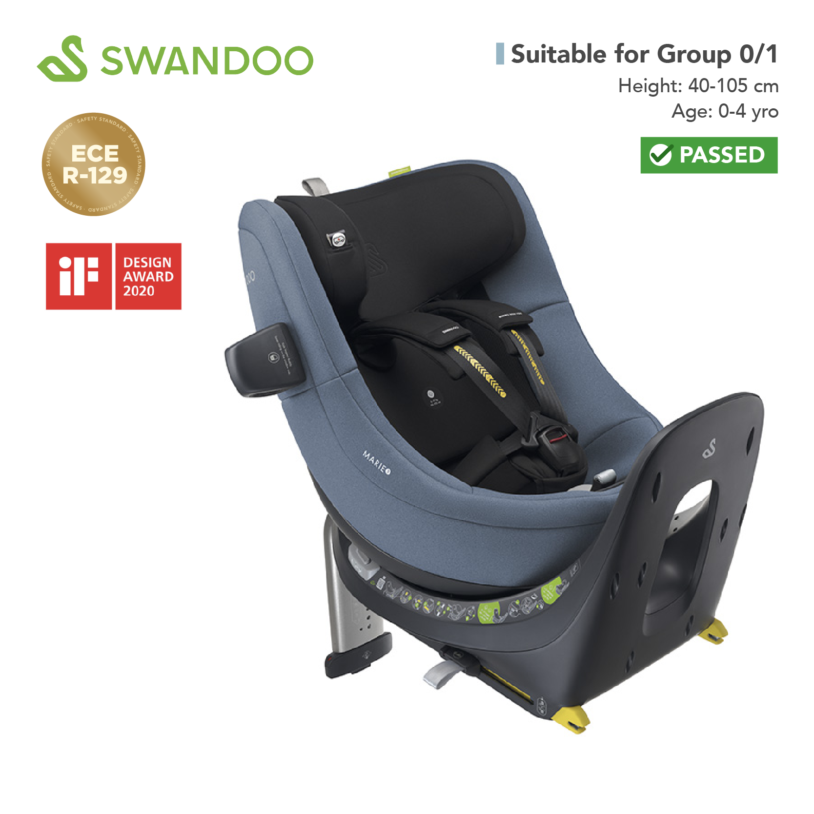 Swandoo - Marie5 i-Size 360°旋轉安全座椅(R129 & CCC 安全標準)(適合約0-4歲/身高40-105cm)(藍莓灰)