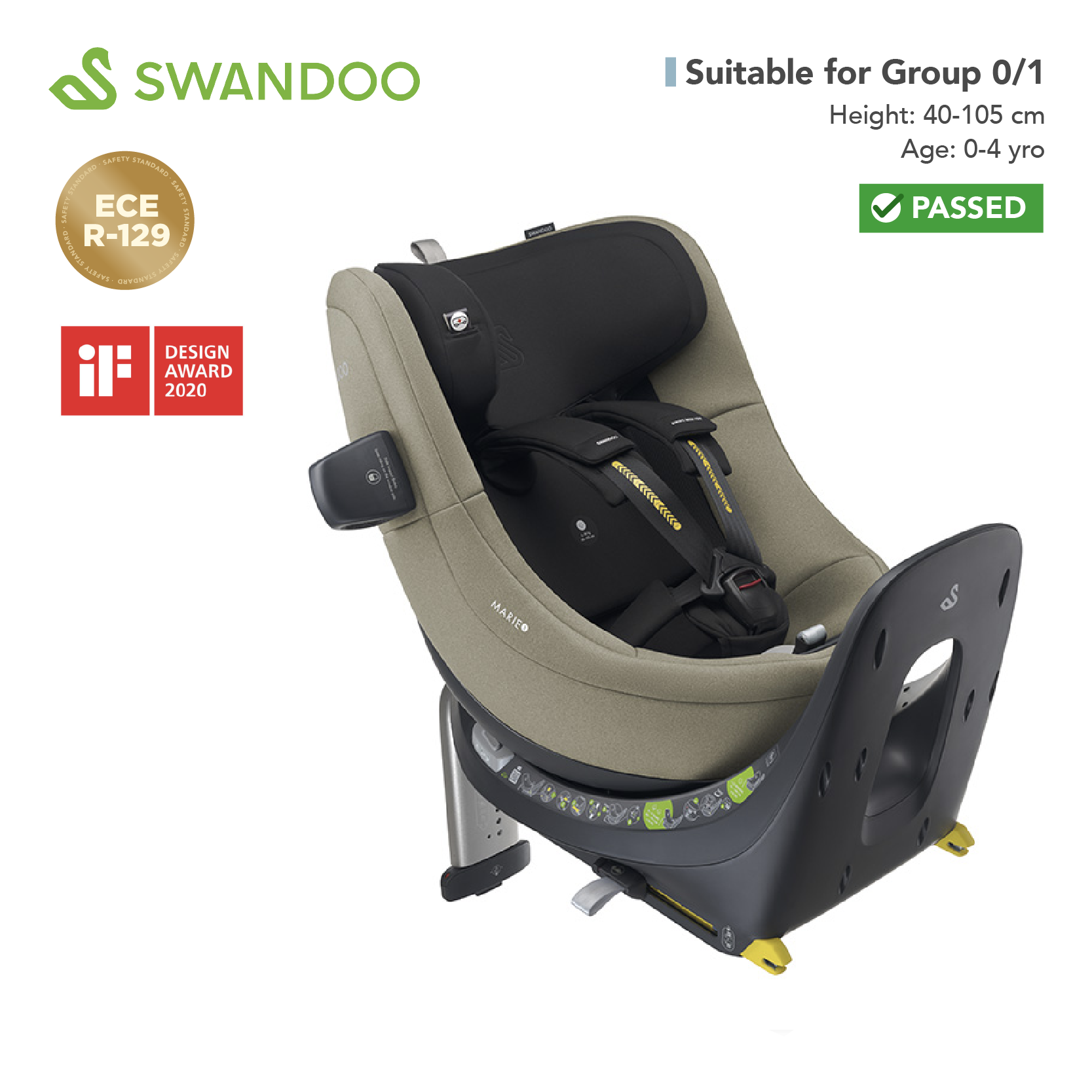 Swandoo - Marie5 i-Size 360°旋轉安全座椅(R129 & CCC 安全標準)(適合約0-4歲/身高40-105cm)(淺茶灰)