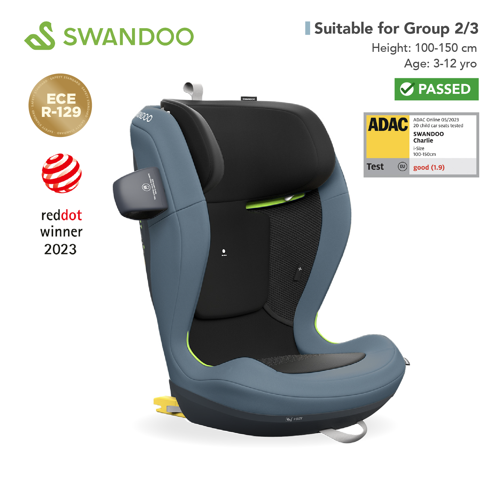 Swandoo - Charlie i-Size 增高型兒童安全座椅 (R129 & CCC 安全標準)(適合約3-12歲/身高100-150cm) (藍莓藍)