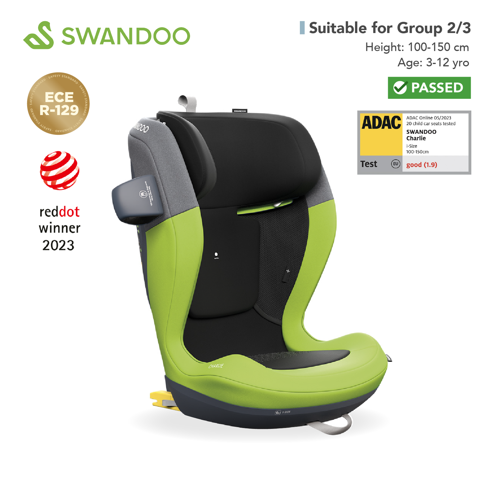 Swandoo - Charlie i-Size 增高型兒童安全座椅 (R129 & CCC 安全標準)(適合約3-12歲/身高100-150cm)(芝麻灰&檸檬綠)