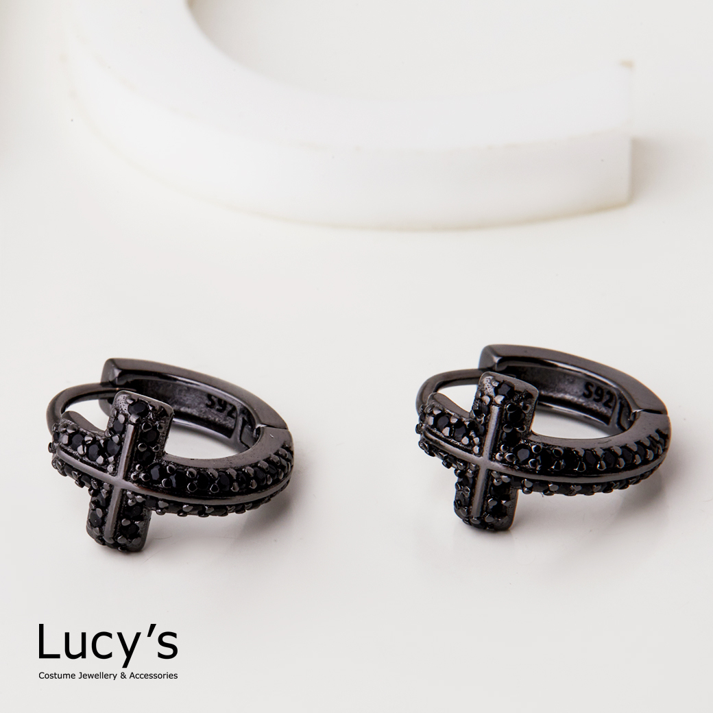 925純銀 鑲鑽十字 易扣耳環 (二色) (125904/125906)