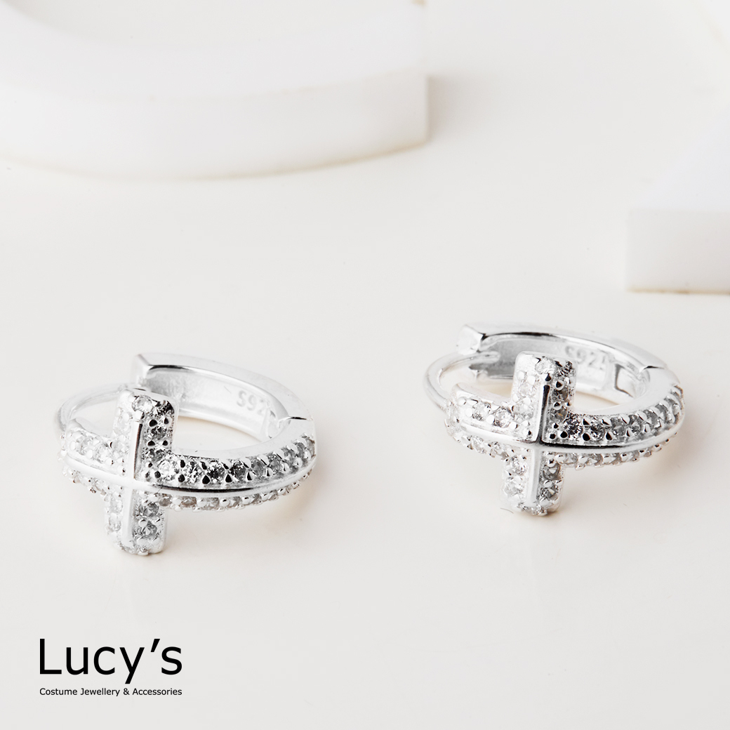 925純銀 鑲鑽十字 易扣耳環 (二色) (125904/125906)