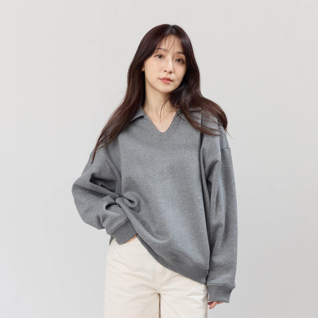 Ruth有領刷毛保暖長袖T恤/灰