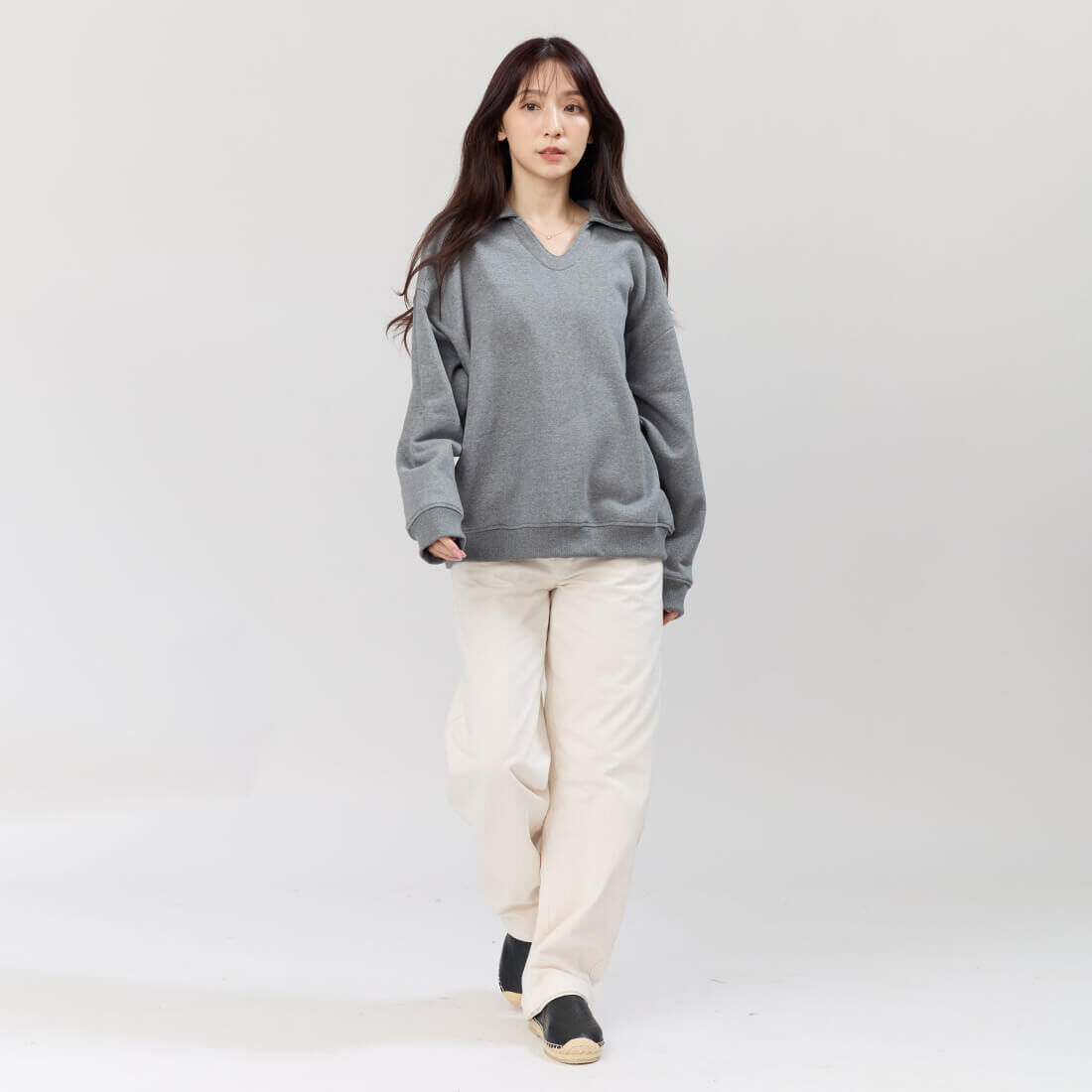 Ruth有領刷毛保暖長袖T恤/灰