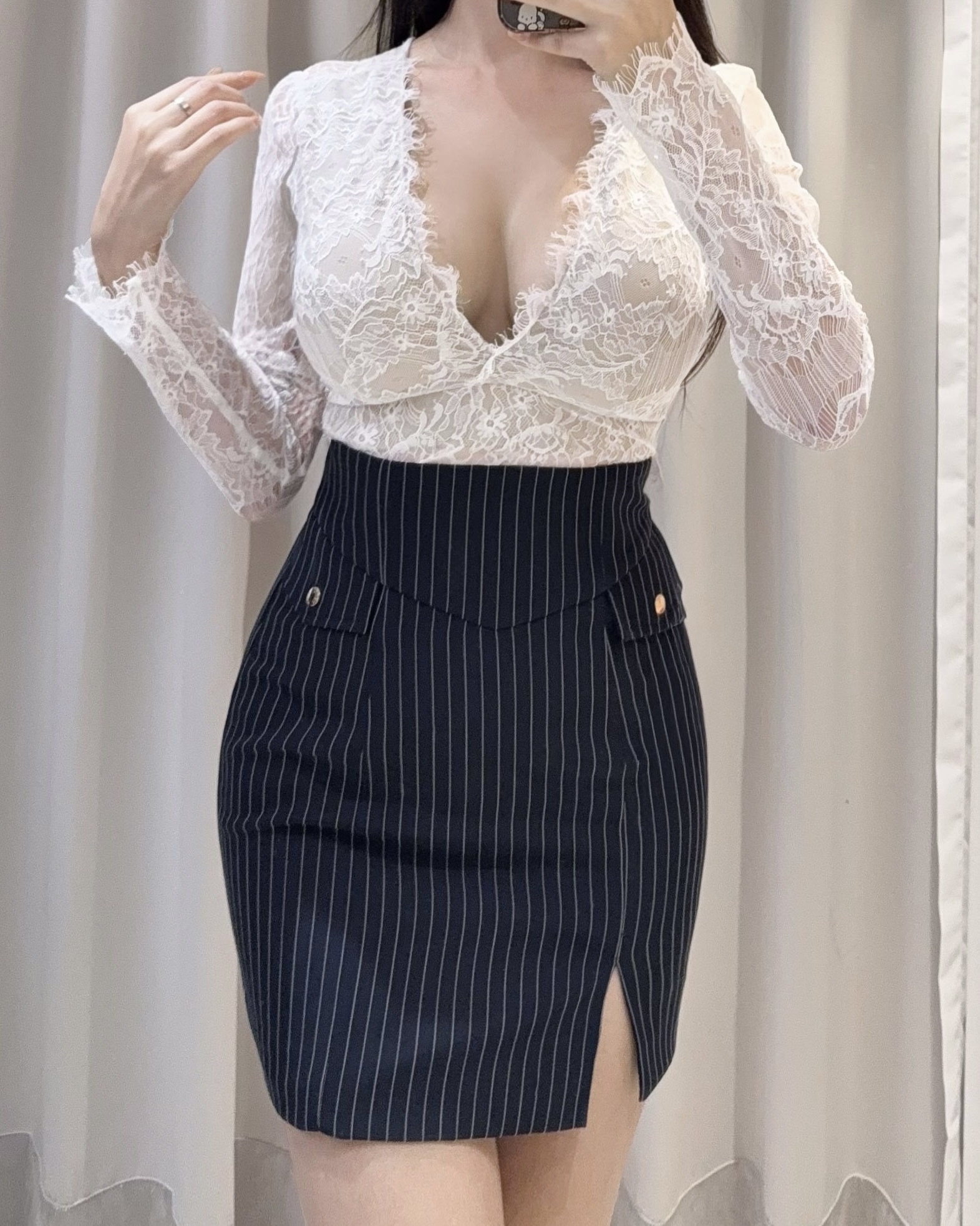 訂製-知性條紋高腰口袋中長裙