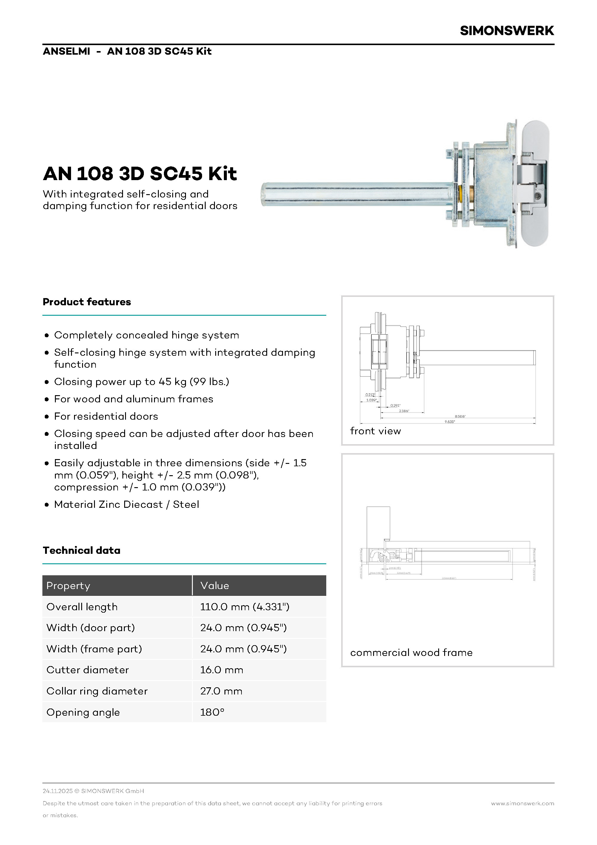 Anselmi AN 108 3D SC45 Kit 自關房門暗鉸