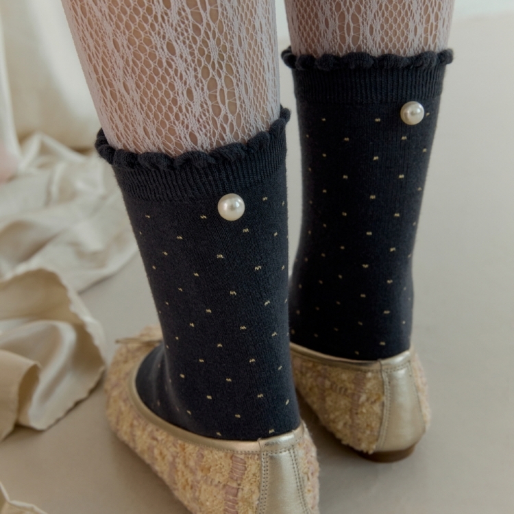韓國 socks appeal®RIBBON GIRL 珍珠女孩中筒襪 珍珠點點 深灰