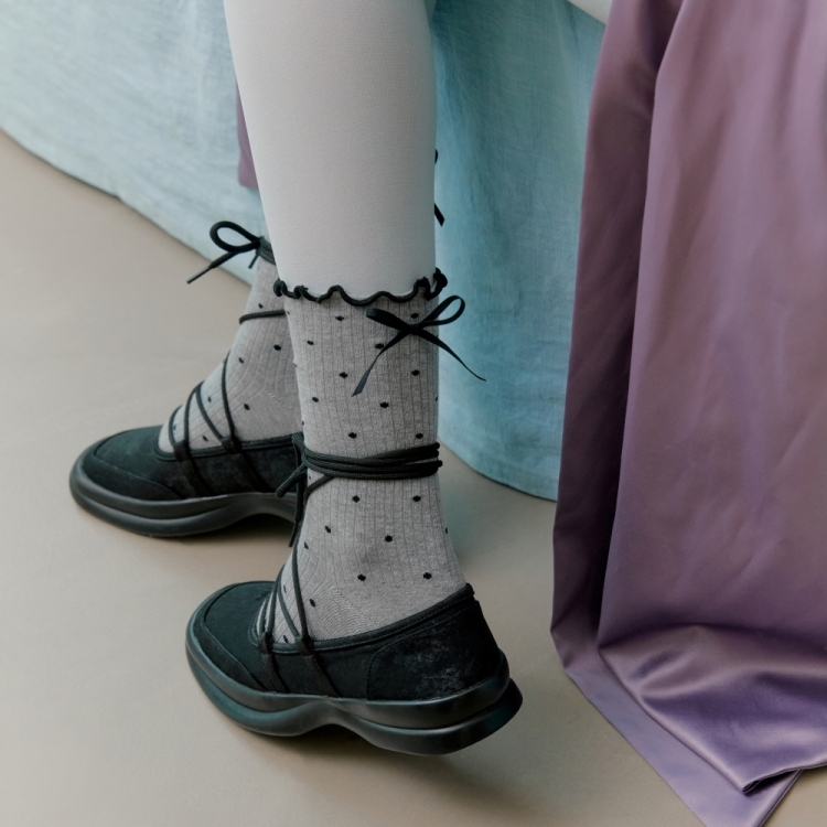韓國 socks appeal® RIBBON GIRL羅紋點點中筒襪 立體蝴蝶結 灰