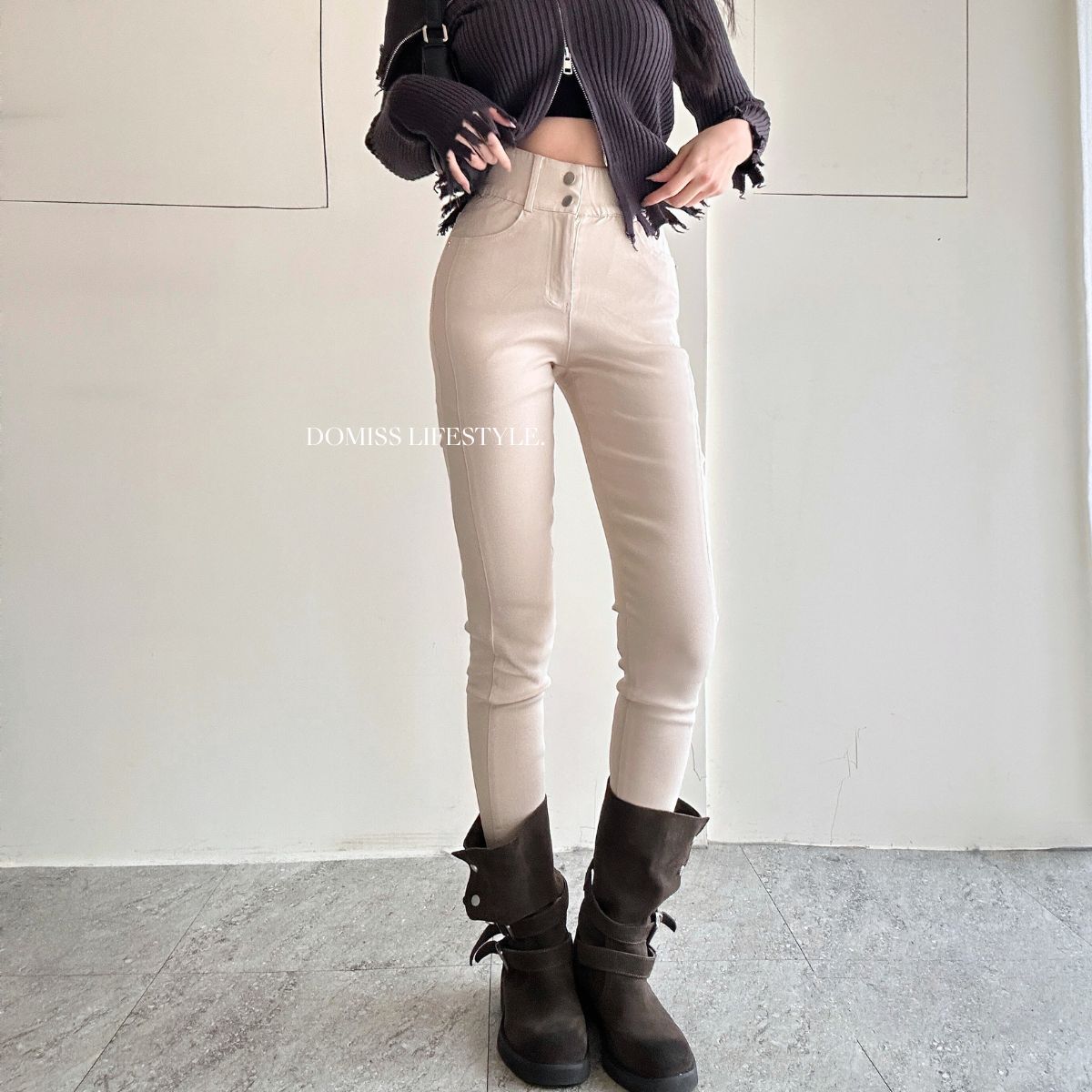 【卡其知性女人味】DOMISS高腰顯瘦比例褲 打底 長褲 顯瘦 長褲S-XL(現貨)