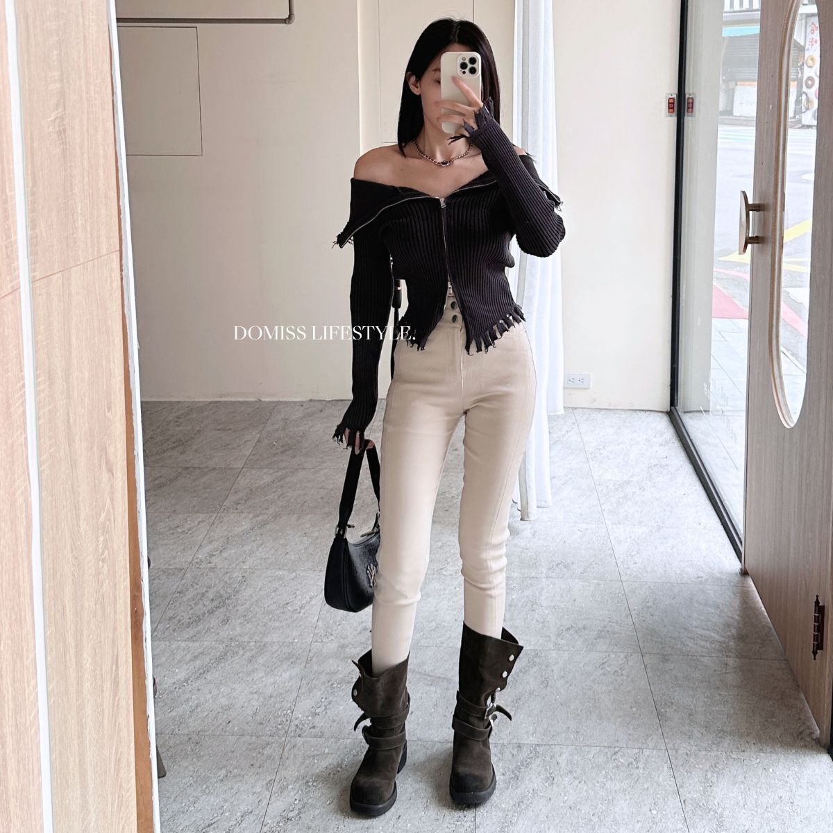 【卡其知性女人味】DOMISS高腰顯瘦比例褲 打底 長褲 顯瘦 長褲S-XL(現貨)