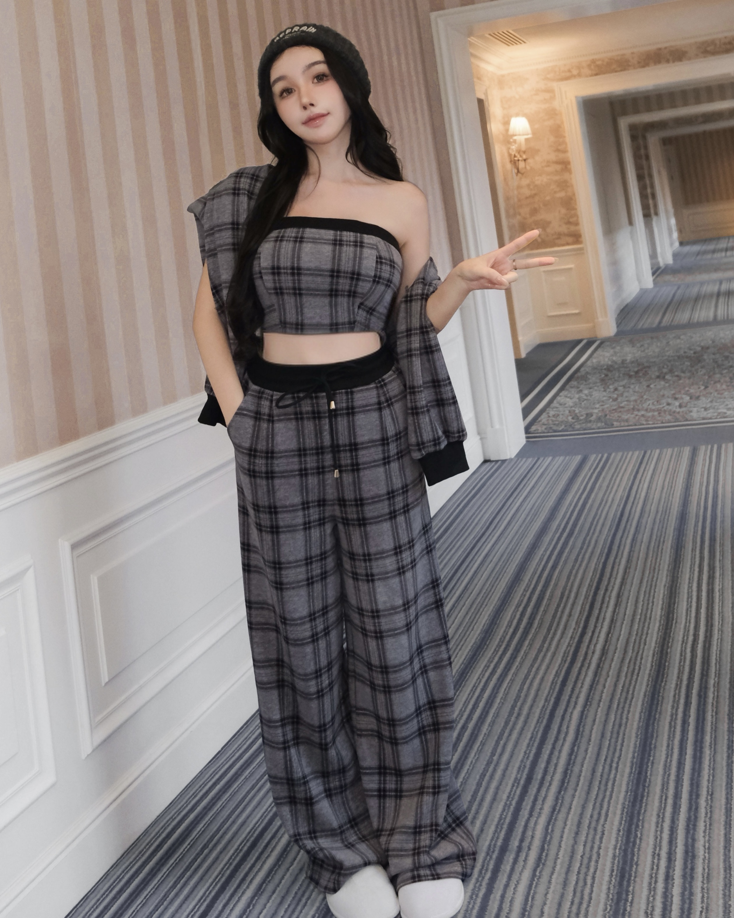 訂製-慵懶格紋撞色長褲